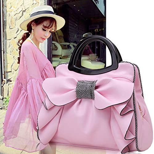 Women Leather Waterproof Bow Knot Top Handle Shoulder with Zipper Bags,Fashion Casual daily use Tote Bag (Rose Red)
