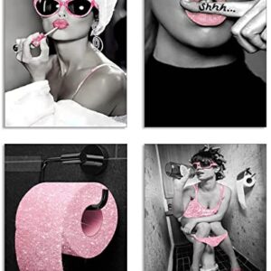 zaixko Bathroom Decor Fashion Women Canvas Prints Pink Wall Decor Black and Pink Pictures for Bathroom Glam Wall Art Canvas Posters Pink Bathroom Decor