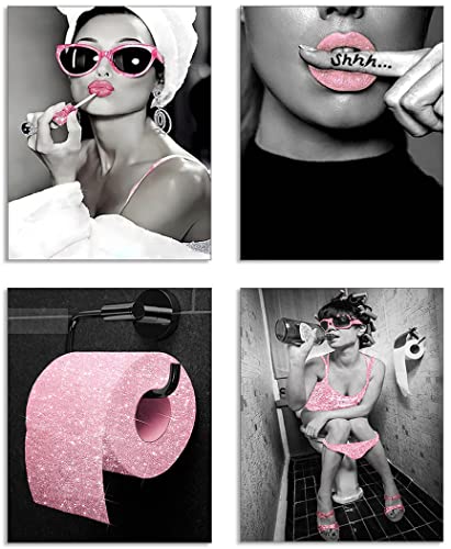 zaixko Bathroom Decor Fashion Women Canvas Prints Pink Wall Decor Black and Pink Pictures for Bathroom Glam Wall Art Canvas Posters Pink Bathroom Decor