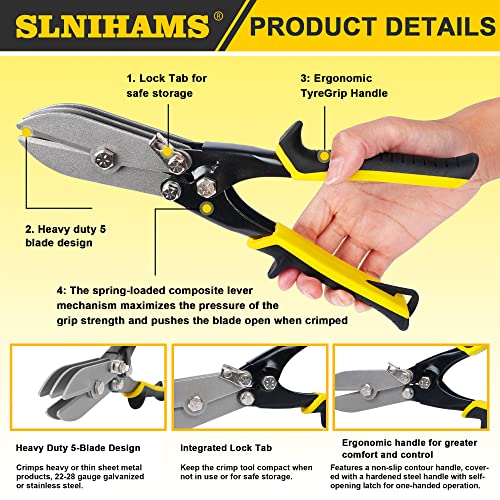 SLNIHAMS 5-Blade Hand Crimper Sheet Metal Tools, Hvac Tool for 24-28 Gauge Duct Work Downspout and Stove Pipe, 10-1/2" Sheet Metal Crimper Gutter End Cap Duct Crimping Tool