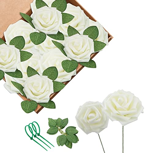 HONGMEIHUI Artificial Flowers Roses - 16 pcs Fake Rose Flowers for Wedding Decorations, Flores Artificiales, Faux Flowes White Roses with Stems for Home Bedroom Party Decor (Ivory)