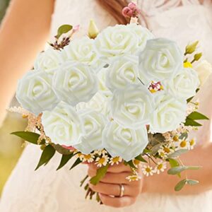 HONGMEIHUI Artificial Flowers Roses - 16 pcs Fake Rose Flowers for Wedding Decorations, Flores Artificiales, Faux Flowes White Roses with Stems for Home Bedroom Party Decor (Ivory)