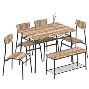 sthouyn 6 piece dinning table set for 6, rectangular kitchen table and chairs set, bench, industrial metal frame & storage rack, dining room, dinette, breakfast nook small space (brown (6 piece))