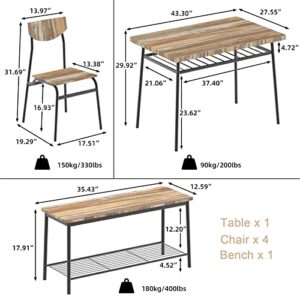 STHOUYN 6 Piece Dinning Table Set for 6, Rectangular Kitchen Table and Chairs Set, Bench, Industrial Metal Frame & Storage Rack, Dining Room, Dinette, Breakfast Nook Small Space (Brown (6 Piece))