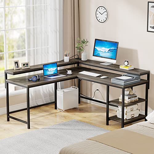 Tribesigns L Shaped Desk with Power Outlets, Reversible Corner Computer Desk with Monitor Stand and Storage Shelves, Home Office Gaming L Desk with USB Port, Gray …