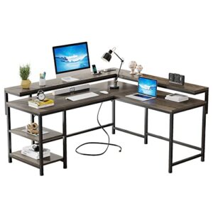 Tribesigns L Shaped Desk with Power Outlets, Reversible Corner Computer Desk with Monitor Stand and Storage Shelves, Home Office Gaming L Desk with USB Port, Gray …