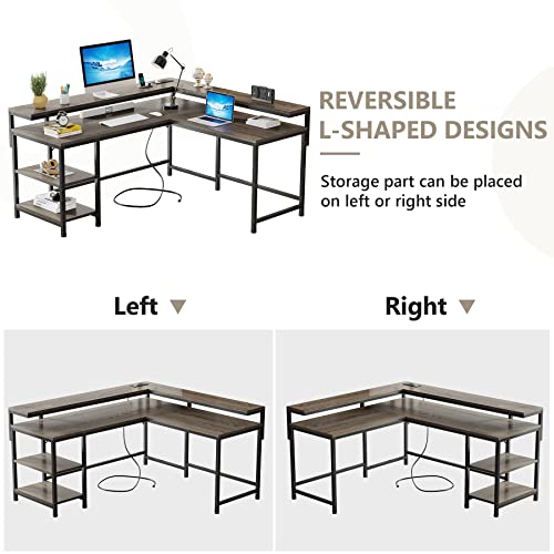 Tribesigns L Shaped Desk with Power Outlets, Reversible Corner Computer Desk with Monitor Stand and Storage Shelves, Home Office Gaming L Desk with USB Port, Gray …