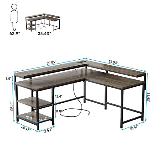 Tribesigns L Shaped Desk with Power Outlets, Reversible Corner Computer Desk with Monitor Stand and Storage Shelves, Home Office Gaming L Desk with USB Port, Gray …