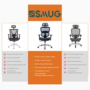 SMUG Ergonomic Large High Back Office Ergo3D Rolling Desk 4D Armrest,3D Lumbar Support,Adjustable Headrest,Breathable Mesh Computer Gaming Executive Swivel Chairs, Blue