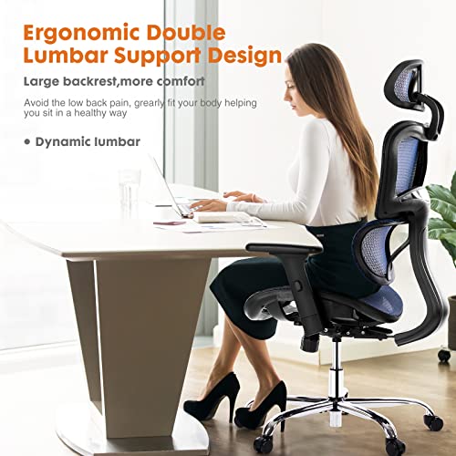 SMUG Ergonomic Large High Back Office Ergo3D Rolling Desk 4D Armrest,3D Lumbar Support,Adjustable Headrest,Breathable Mesh Computer Gaming Executive Swivel Chairs, Blue