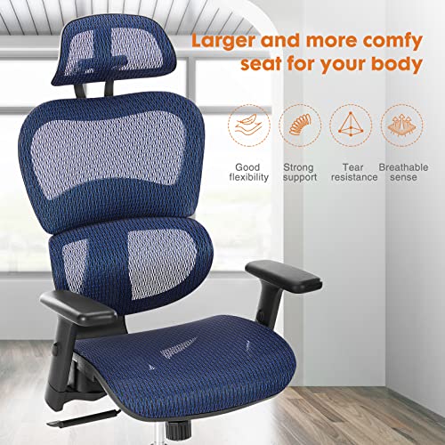 SMUG Ergonomic Large High Back Office Ergo3D Rolling Desk 4D Armrest,3D Lumbar Support,Adjustable Headrest,Breathable Mesh Computer Gaming Executive Swivel Chairs, Blue