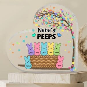 Nana's Peeps with Kid's Names Personalized Acrylic Heart Plaques, Grandma Peeps Bunnies Easter Home Decorations Mimi Gigi Mothers Day Birthday Holiday Decor Gift