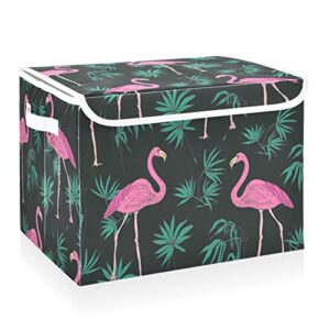 cataku pink flamingo palm leaves storage bins with lids and handles, fabric large storage container cube basket with lid decorative storage boxes for organizing clothes