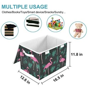 CaTaKu Pink Flamingo Palm Leaves Storage Bins with Lids and Handles, Fabric Large Storage Container Cube Basket with Lid Decorative Storage Boxes for Organizing Clothes