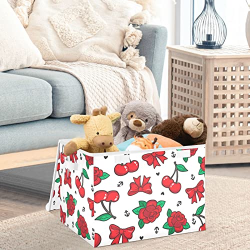 CaTaKu Rose Cherry Storage Bins with Lids and Handles, Fabric Large Storage Container Cube Basket with Lid Decorative Storage Boxes for Organizing Clothes