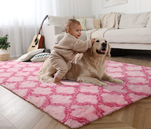 Guucha Fluffy Large Area Rugs, Soft Moroccan Shaggy Carpets, Indoor Modern Plush Area Rugs for Living Room, Bedroom, Kids' Room, Nursery Room, Pink 4x6 Feet