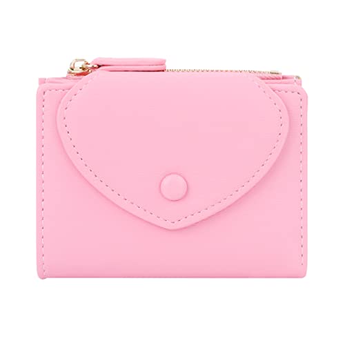 Sunwel Fashion Small Wallet with Heart Bifold Wallet Zipper Pocket Cash Card Holder Coin Purse for Women Girls (PINK)