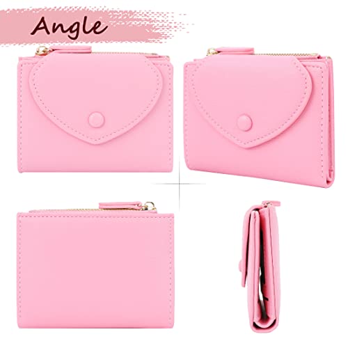 Sunwel Fashion Small Wallet with Heart Bifold Wallet Zipper Pocket Cash Card Holder Coin Purse for Women Girls (PINK)