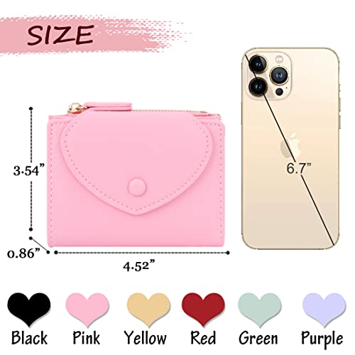 Sunwel Fashion Small Wallet with Heart Bifold Wallet Zipper Pocket Cash Card Holder Coin Purse for Women Girls (PINK)