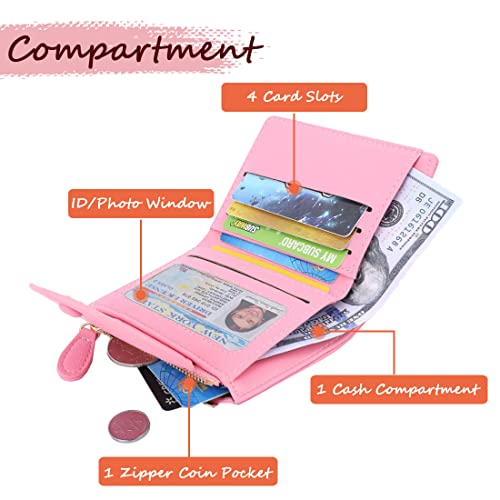 Sunwel Fashion Small Wallet with Heart Bifold Wallet Zipper Pocket Cash Card Holder Coin Purse for Women Girls (PINK)