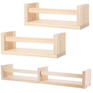 set of 3 nursery book shelves natural wood floating book shelves for kids wooden wall shelves for room bathroom kitchen bedroom decor, book shelf organizer for baby nursery decor, 2 sizes