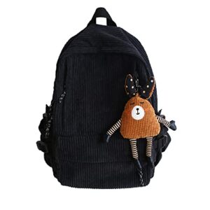 fashion corduroy backpacks with cute pendant multicolor kawaii backpack school bag for teen girls women casual daypack (black)