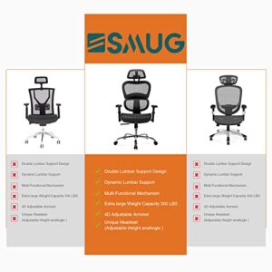 SMUG Ergonomic Large High Back Office Ergo3D Rolling Desk 4D Armrest,3D Lumbar Support,Adjustable Headrest,Breathable Mesh Computer Gaming Executive Swivel Chairs, Black