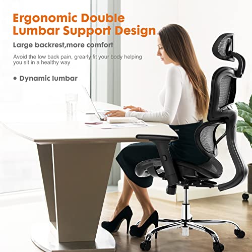 SMUG Ergonomic Large High Back Office Ergo3D Rolling Desk 4D Armrest,3D Lumbar Support,Adjustable Headrest,Breathable Mesh Computer Gaming Executive Swivel Chairs, Black