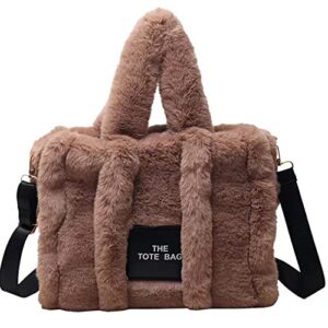 fluffy tote bag, the tote bags for women, fuzzy purse top-handle crossbody handbag trendy plush tote bag for travel work (brown)