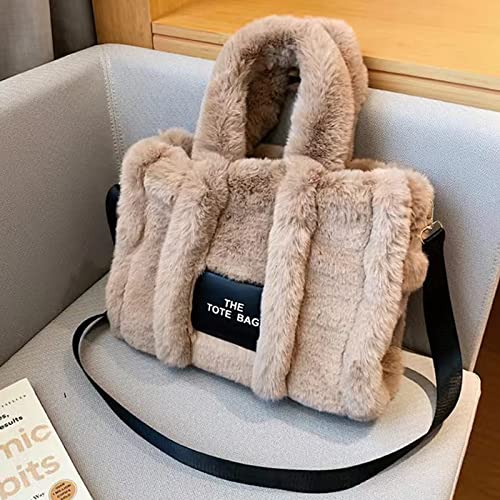 Fluffy Tote Bag, The Tote Bags for Women, Fuzzy Purse Top-Handle Crossbody Handbag Trendy Plush Tote Bag for Travel Work (brown)