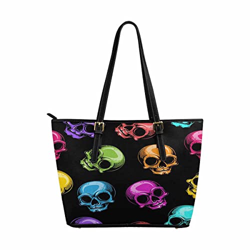 InterestPrint Cute Multicolored Human Skulls Women Tote Bags Top Handle Satchel Handbags PU Faux Leather Tassel Shoulder Purse