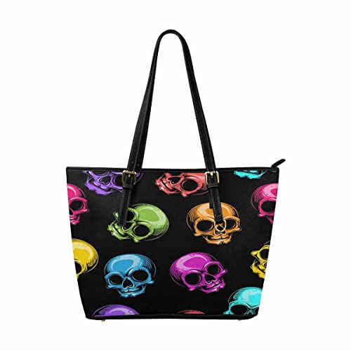 InterestPrint Cute Multicolored Human Skulls Women Tote Bags Top Handle Satchel Handbags PU Faux Leather Tassel Shoulder Purse