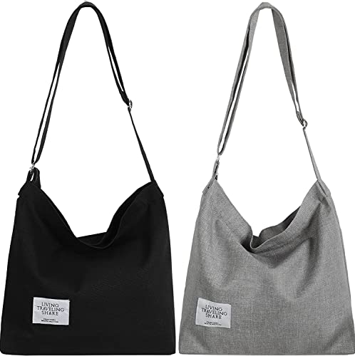 2/4 Pieces Canvas Tote Bag For Women Retro Large Size Canvas Hobo Bag Canvas Shoulder Bag Crossbody Handbag Casual Tote (Black, Light grey)