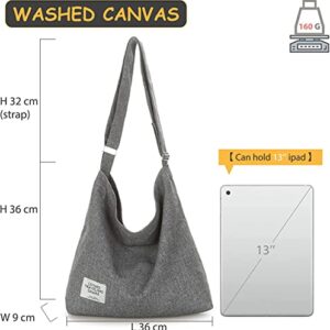 2/4 Pieces Canvas Tote Bag For Women Retro Large Size Canvas Hobo Bag Canvas Shoulder Bag Crossbody Handbag Casual Tote (Black, Light grey)