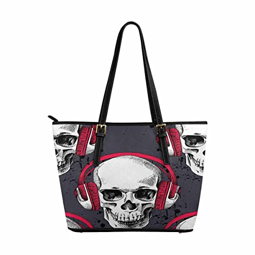 InterestPrint A Skull In Headphones Women's Tote Bag Leather Shoulder Bag Handbags