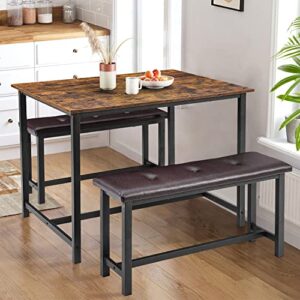 amyove kitchen table set, dining room table set for 4 with upholstered benches, dining table set metal and wood rectangular dining table for small space, apartment, breakfast, rustic brown