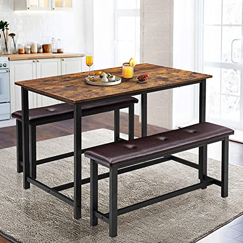 Amyove Kitchen Table Set, Dining Room Table Set for 4 with Upholstered Benches, Dining Table Set Metal and Wood Rectangular Dining Table for Small Space, Apartment, Breakfast, Rustic Brown