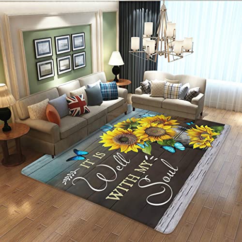 ROZERA Area Rug,Butterfly Sunflower on Wooden Board Non-Slip Mat Area Rug Runners Floor Soft Carpet for Kitchen Bedroom Living Room Bathroom Girls Room Decoration,Retro Farmhouse Decor 19.7x31.5in