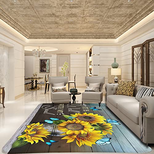 ROZERA Area Rug,Butterfly Sunflower on Wooden Board Non-Slip Mat Area Rug Runners Floor Soft Carpet for Kitchen Bedroom Living Room Bathroom Girls Room Decoration,Retro Farmhouse Decor 19.7x31.5in