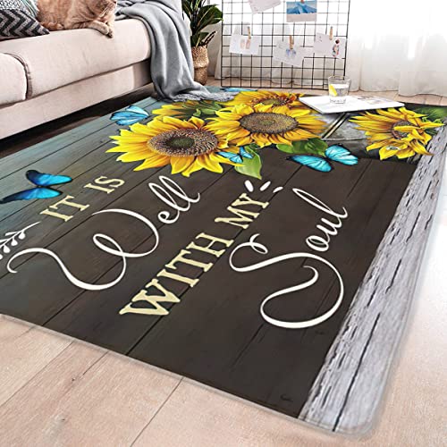 ROZERA Area Rug,Butterfly Sunflower on Wooden Board Non-Slip Mat Area Rug Runners Floor Soft Carpet for Kitchen Bedroom Living Room Bathroom Girls Room Decoration,Retro Farmhouse Decor 19.7x31.5in