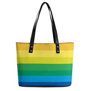 Womens Handbag Rainbow Striped Texture Leather Tote Bag Top Handle Satchel Bags For Lady