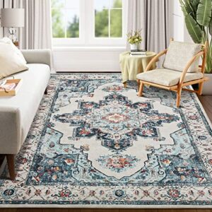 area rug living room rugs: 8×10 washable large carpet boho oriental persian distressed bohemian non-slip area rugs for dining room farmhouse bedroom office home decor cream/blue