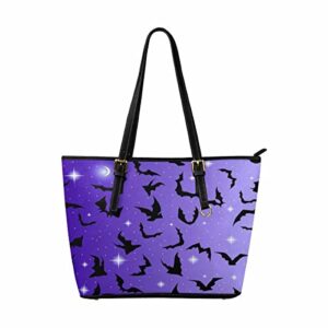 InterestPrint Bats Stars On Purple Women Tote Bags Top Handle Satchel Handbags PU Faux Leather Tassel Shoulder Purse