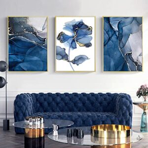 Abstract Grey White Navy Blue Large Wall Painting Canvas Wall Art Blue Marble Picture for Bedroom Wall Decor Modern Abstract Picture Canvas Artwork White and Blue Flower Art 16x24inchx3pcs No Frame