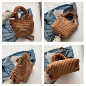 Corduroy Small Tote Bag Y2k Mini Crossbody Bag for Women Fuzzy Bucket Handbag Winter Fashion Hobo Shoulder Bag (Khaki,one size)