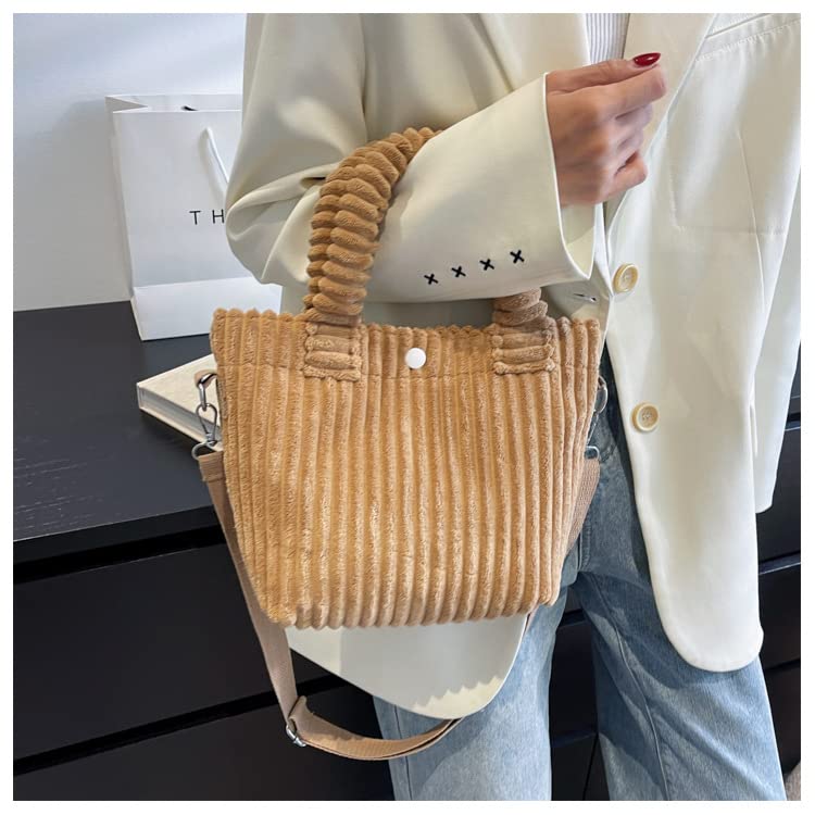 Corduroy Small Tote Bag Y2k Mini Crossbody Bag for Women Fuzzy Bucket Handbag Winter Fashion Hobo Shoulder Bag (Khaki,one size)