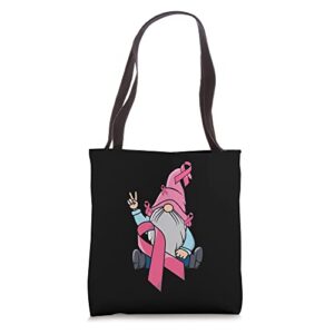gnome pink ribbon breast cancer awareness month cute warrior tote bag