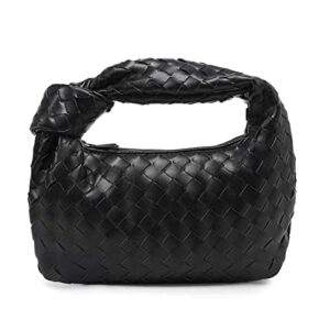 qiayime women knoted woven handbag fashion ladies soft pu leather handmade hobo shoulder bag purse woven clutch dumpling bag (black)