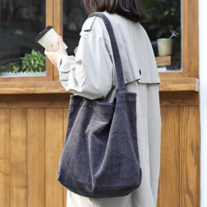 Corduroy Tote Bag for Women, Large Capacity Casual Shoulder Hobo Shopping Handbag with Inner Zippered Pocket (Grey)