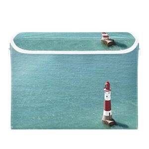 kigai storage basket lighthouse landscape storage boxes with lids and handle, large storage cube bin collapsible for shelves closet bedroom living room, 16.5×12.6×11.8 in